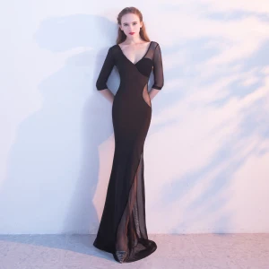 Moderne Mode Noire Robe De Soirée 2017 Trompette Sirène V Cou 3 4 Manches Percé Longue Dos Nu Robe De Ceremonie