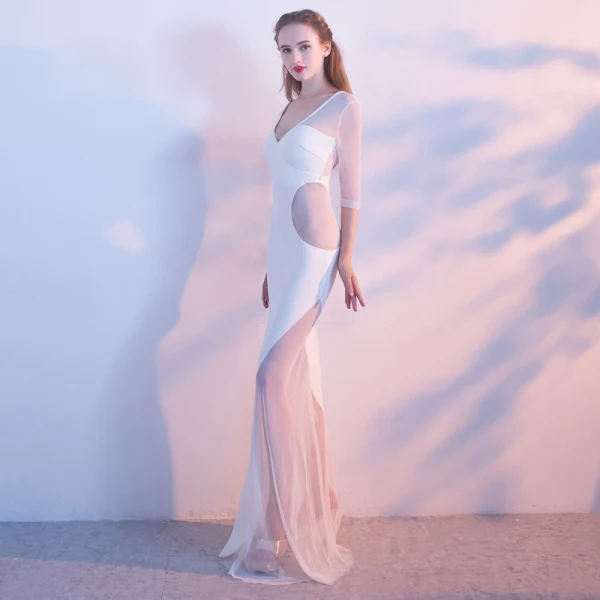 Modern / Fashion Black Evening Dresses 2017 Trumpet / Mermaid V-Neck 3/4 Sleeve Pierced Floor-Length / Long Backless Formal Dresses
