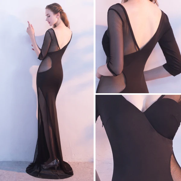 Modern / Fashion Black Evening Dresses 2017 Trumpet / Mermaid V-Neck 3/4 Sleeve Pierced Floor-Length / Long Backless Formal Dresses