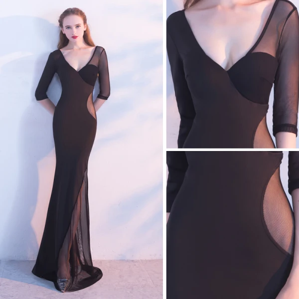 Modern / Fashion Black Evening Dresses 2017 Trumpet / Mermaid V-Neck 3/4 Sleeve Pierced Floor-Length / Long Backless Formal Dresses