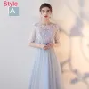 Chic / Beautiful Sky Blue Bridesmaid Dresses 2018 A-Line / Princess Appliques Flower Bow Sash Tea-length Ruffle Backless Wedding Party Dresses