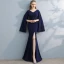 Amazing / Unique Navy Blue Evening Dresses  2017 Trumpet / Mermaid V-Neck Long Sleeve Floor-Length / Long Split Front Formal Dresses