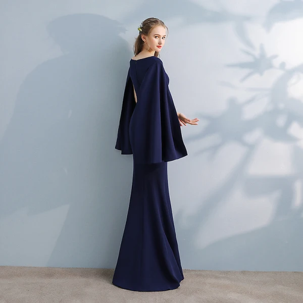 Amazing / Unique Navy Blue Evening Dresses 2017 Trumpet / Mermaid V-Neck Long Sleeve Floor-Length / Long Split Front Formal Dresses