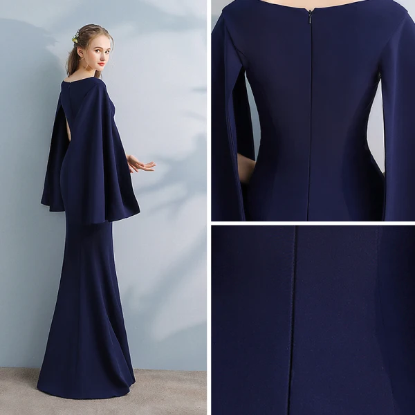 Amazing / Unique Navy Blue Evening Dresses 2017 Trumpet / Mermaid V-Neck Long Sleeve Floor-Length / Long Split Front Formal Dresses