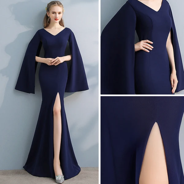 Amazing / Unique Navy Blue Evening Dresses 2017 Trumpet / Mermaid V-Neck Long Sleeve Floor-Length / Long Split Front Formal Dresses