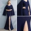 Amazing / Unique Navy Blue Evening Dresses  2017 Trumpet / Mermaid V-Neck Long Sleeve Floor-Length / Long Split Front Formal Dresses