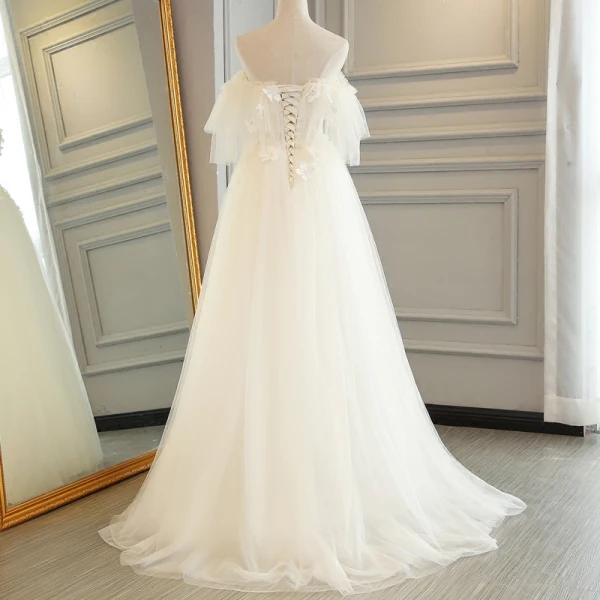 Chic / Belle Blanche Robe De Mariée 2017 Princesse De l'épaule 1/2 Manches Dos Nu Appliques Fleur Faux Diamant Cristal Train De Balayage
