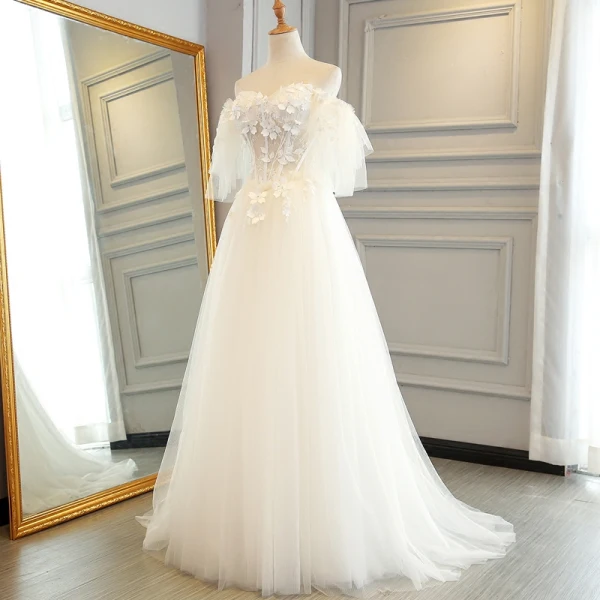 Chic / Belle Blanche Robe De Mariée 2017 Princesse De l'épaule 1/2 Manches Dos Nu Appliques Fleur Faux Diamant Cristal Train De Balayage