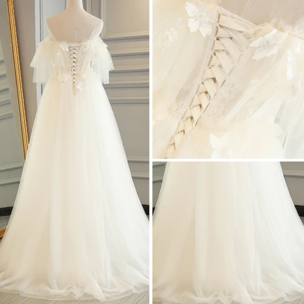 Chic / Belle Blanche Robe De Mariée 2017 Princesse De l'épaule 1/2 Manches Dos Nu Appliques Fleur Faux Diamant Cristal Train De Balayage
