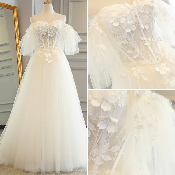 Chic / Belle Blanche Robe De Mariée 2017 Princesse De l'épaule 1/2 Manches Dos Nu Appliques Fleur Faux Diamant Cristal Train De Balayage
