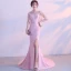 Elegant Candy Pink Evening Dresses  2017 Trumpet / Mermaid Scoop Neck 1/2 Sleeves Backless Pierced Appliques Flower Rhinestone Chapel Train Formal Dresses