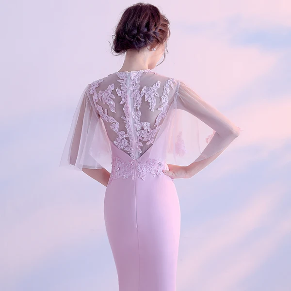 Elegant Candy Pink Evening Dresses  2017 Trumpet / Mermaid Scoop Neck 1/2 Sleeves Backless Pierced Appliques Flower Rhinestone Chapel Train Formal Dresses