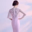 Elegant Candy Pink Evening Dresses  2017 Trumpet / Mermaid Scoop Neck 1/2 Sleeves Backless Pierced Appliques Flower Rhinestone Chapel Train Formal Dresses