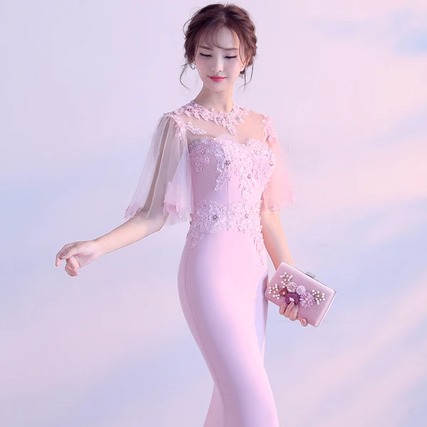 Elegant Candy Pink Evening Dresses  2017 Trumpet / Mermaid Scoop Neck 1/2 Sleeves Backless Pierced Appliques Flower Rhinestone Chapel Train Formal Dresses
