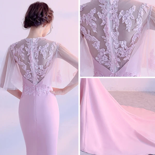 Elegant Candy Pink Evening Dresses  2017 Trumpet / Mermaid Scoop Neck 1/2 Sleeves Backless Pierced Appliques Flower Rhinestone Chapel Train Formal Dresses