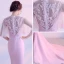 Elegant Candy Pink Evening Dresses  2017 Trumpet / Mermaid Scoop Neck 1/2 Sleeves Backless Pierced Appliques Flower Rhinestone Chapel Train Formal Dresses