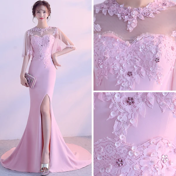 Elegant Candy Pink Evening Dresses  2017 Trumpet / Mermaid Scoop Neck 1/2 Sleeves Backless Pierced Appliques Flower Rhinestone Chapel Train Formal Dresses