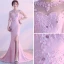 Elegant Candy Pink Evening Dresses  2017 Trumpet / Mermaid Scoop Neck 1/2 Sleeves Backless Pierced Appliques Flower Rhinestone Chapel Train Formal Dresses