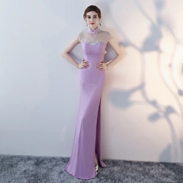 Chinese Style Lilac Evening Dresses 2017 Trumpet Mermaid High Neck Sleeveless Backless Pierced Beading Crystal Rhinestone Floor Length Long Split Front Formal Dresses