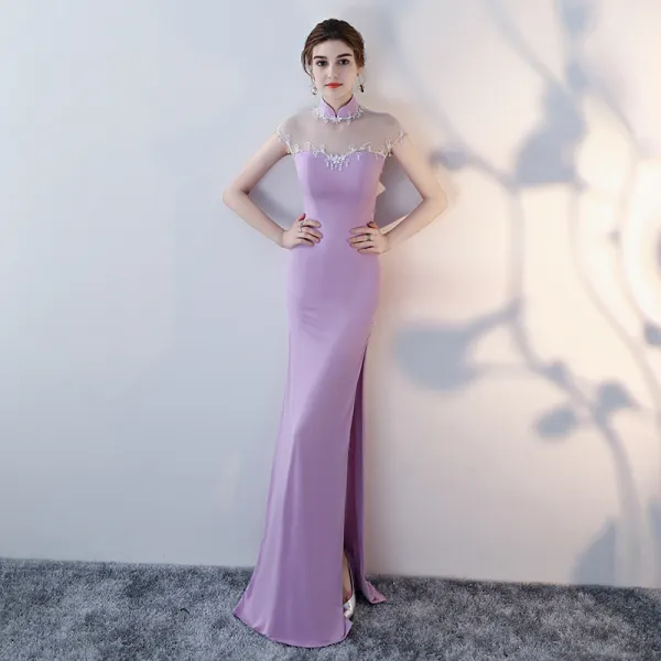 Chinese style Lilac Evening Dresses  2017 Trumpet / Mermaid High Neck Sleeveless Backless Pierced Beading Crystal Rhinestone Floor-Length / Long Split Front Formal Dresses