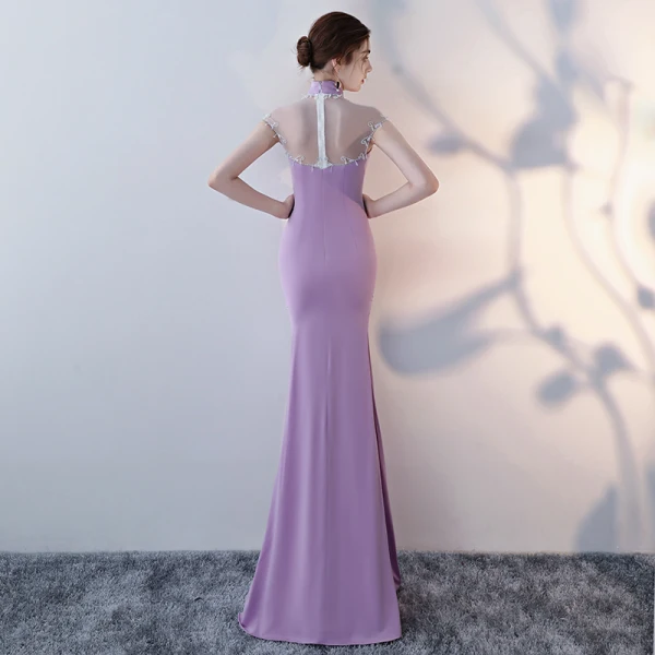 Style Chinois Lilas Robe De Soirée 2017 Trompette / Sirène Col Haut Sans Manches Dos Nu Percé Perlage Cristal Faux Diamant Longue Fendue devant Robe De Ceremonie