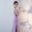 Style Chinois Lilas Robe De Soirée 2017 Trompette / Sirène Col Haut Sans Manches Dos Nu Percé Perlage Cristal Faux Diamant Longue Fendue devant Robe De Ceremonie