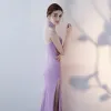 Chinese style Lilac Evening Dresses  2017 Trumpet / Mermaid High Neck Sleeveless Backless Pierced Beading Crystal Rhinestone Floor-Length / Long Split Front Formal Dresses
