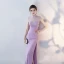 Style Chinois Lilas Robe De Soirée 2017 Trompette / Sirène Col Haut Sans Manches Dos Nu Percé Perlage Cristal Faux Diamant Longue Fendue devant Robe De Ceremonie