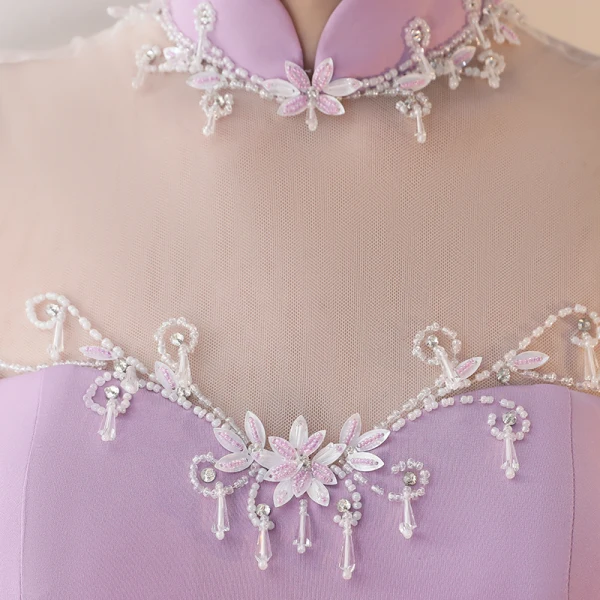 Style Chinois Lilas Robe De Soirée 2017 Trompette / Sirène Col Haut Sans Manches Dos Nu Percé Perlage Cristal Faux Diamant Longue Fendue devant Robe De Ceremonie