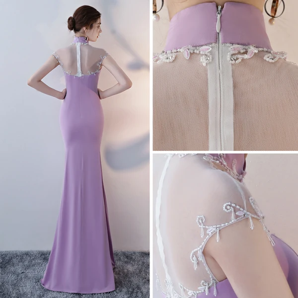 Style Chinois Lilas Robe De Soirée 2017 Trompette / Sirène Col Haut Sans Manches Dos Nu Percé Perlage Cristal Faux Diamant Longue Fendue devant Robe De Ceremonie