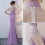 Style Chinois Lilas Robe De Soirée 2017 Trompette / Sirène Col Haut Sans Manches Dos Nu Percé Perlage Cristal Faux Diamant Longue Fendue devant Robe De Ceremonie