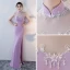 Style Chinois Lilas Robe De Soirée 2017 Trompette / Sirène Col Haut Sans Manches Dos Nu Percé Perlage Cristal Faux Diamant Longue Fendue devant Robe De Ceremonie