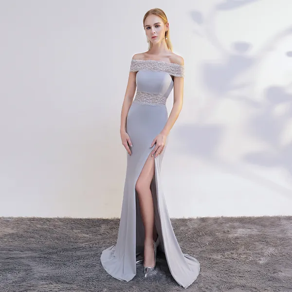 Chic / Beautiful Grey Evening Dresses  2017 Trumpet / Mermaid Off-The-Shoulder Short Sleeve Pearl Sweep Train Split Front Backless Formal Dresses