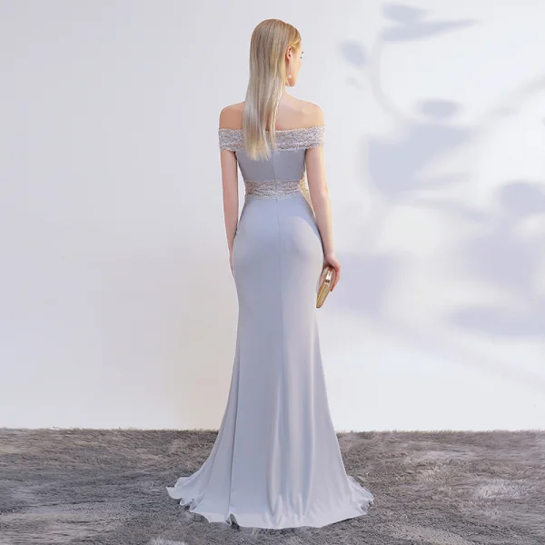 Schöne Grau Abendkleider 2017 Mermaid Off Shoulder Kurze Ärmel Perle Sweep / Pinsel Zug Gespaltete Front Rückenfreies Festliche Kleider