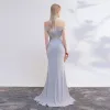 Chic / Beautiful Grey Evening Dresses  2017 Trumpet / Mermaid Off-The-Shoulder Short Sleeve Pearl Sweep Train Split Front Backless Formal Dresses