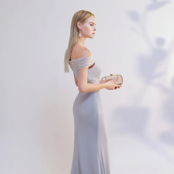 Schöne Grau Abendkleider 2017 Mermaid Off Shoulder Kurze Ärmel Perle Sweep / Pinsel Zug Gespaltete Front Rückenfreies Festliche Kleider