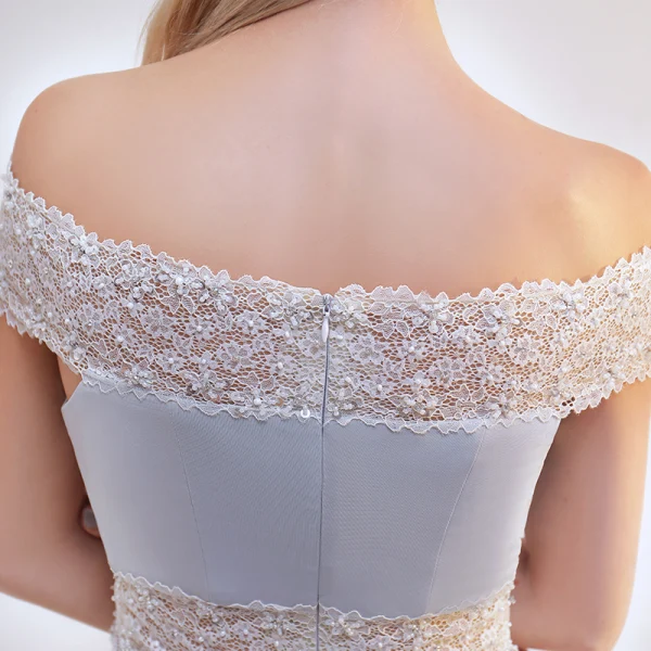 Schöne Grau Abendkleider 2017 Mermaid Off Shoulder Kurze Ärmel Perle Sweep / Pinsel Zug Gespaltete Front Rückenfreies Festliche Kleider