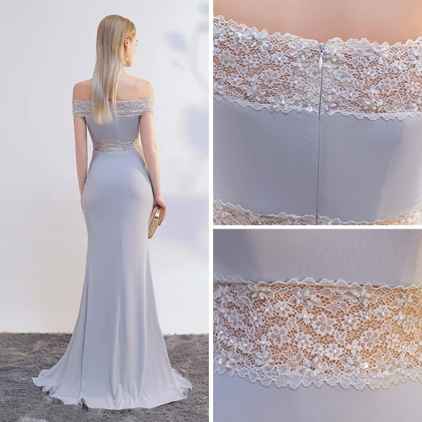 Schöne Grau Abendkleider 2017 Mermaid Off Shoulder Kurze Ärmel Perle Sweep / Pinsel Zug Gespaltete Front Rückenfreies Festliche Kleider