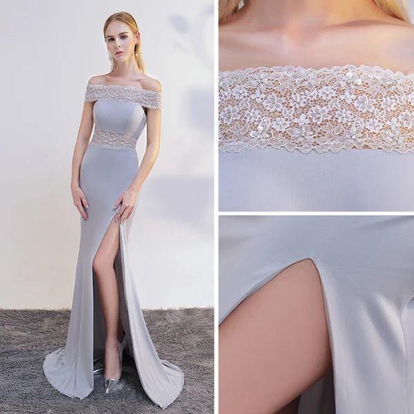 Schöne Grau Abendkleider 2017 Mermaid Off Shoulder Kurze Ärmel Perle Sweep / Pinsel Zug Gespaltete Front Rückenfreies Festliche Kleider