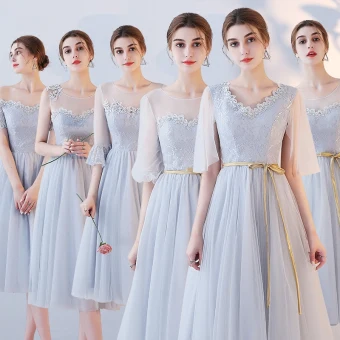 Chic Beautiful Grey Bridesmaid Dresses 2017 A Line Princess Appliques Lace Tea Length Backless Wedding Party Dresses