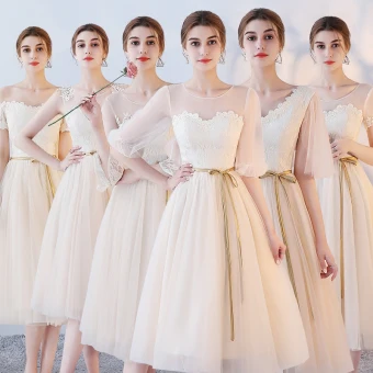 Chic Beautiful Champagne Bridesmaid Dresses 2017 A Line Princess Appliques Lace Tea Length Ruffle Backless Wedding Party Dresses