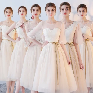 Chic Beautiful Champagne Bridesmaid Dresses 2017 A Line Princess Appliques Lace Tea Length Ruffle Backless Wedding Party Dresses
