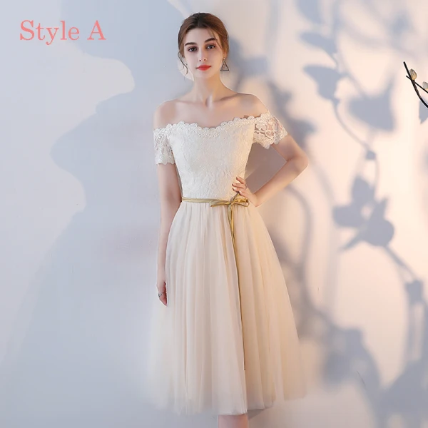 Chic / Beautiful Champagne Bridesmaid Dresses 2017 A-Line / Princess Appliques Lace Tea-length Ruffle Backless Wedding Party Dresses