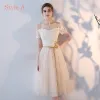 Chic / Beautiful Champagne Bridesmaid Dresses 2017 A-Line / Princess Appliques Lace Tea-length Ruffle Backless Wedding Party Dresses