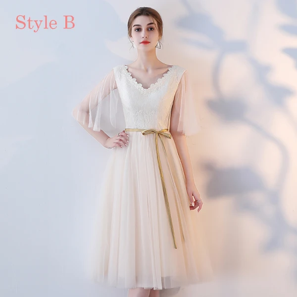 Chic / Beautiful Champagne Bridesmaid Dresses 2017 A-Line / Princess Appliques Lace Tea-length Ruffle Backless Wedding Party Dresses