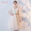 Chic / Beautiful Champagne Bridesmaid Dresses 2017 A-Line / Princess Appliques Lace Tea-length Ruffle Backless Wedding Party Dresses