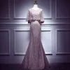 Elegant Blushing Pink Evening Dresses  2017 Trumpet / Mermaid Scoop Neck 1/2 Sleeves Appliques Lace Pearl Rhinestone Court Train Formal Dresses