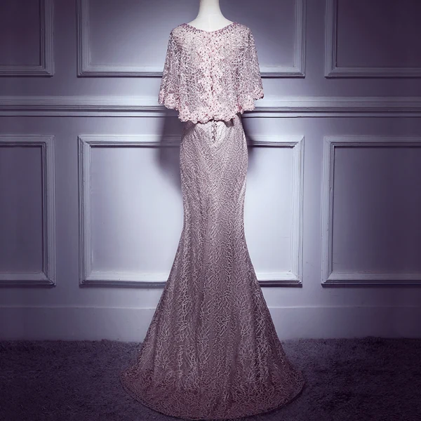 Elegant Blushing Pink Evening Dresses 2017 Trumpet / Mermaid Scoop Neck 1/2 Sleeves Appliques Lace Pearl Rhinestone Court Train Formal Dresses