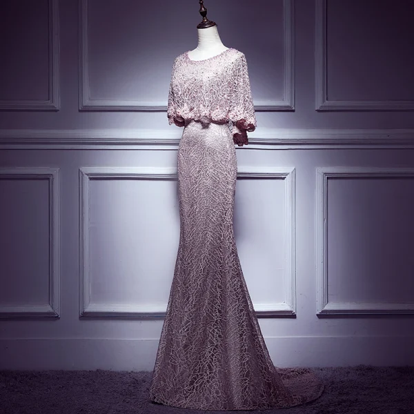Elegant Blushing Pink Evening Dresses 2017 Trumpet / Mermaid Scoop Neck 1/2 Sleeves Appliques Lace Pearl Rhinestone Court Train Formal Dresses