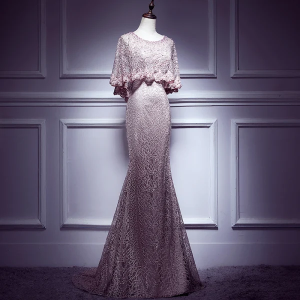 Elegant Blushing Pink Evening Dresses 2017 Trumpet / Mermaid Scoop Neck 1/2 Sleeves Appliques Lace Pearl Rhinestone Court Train Formal Dresses